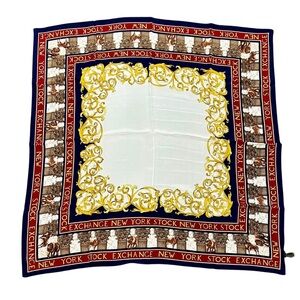 Vintage New York Stock Exchange 100% Silk Scarf– Navy, Red & Gold Baroque Design